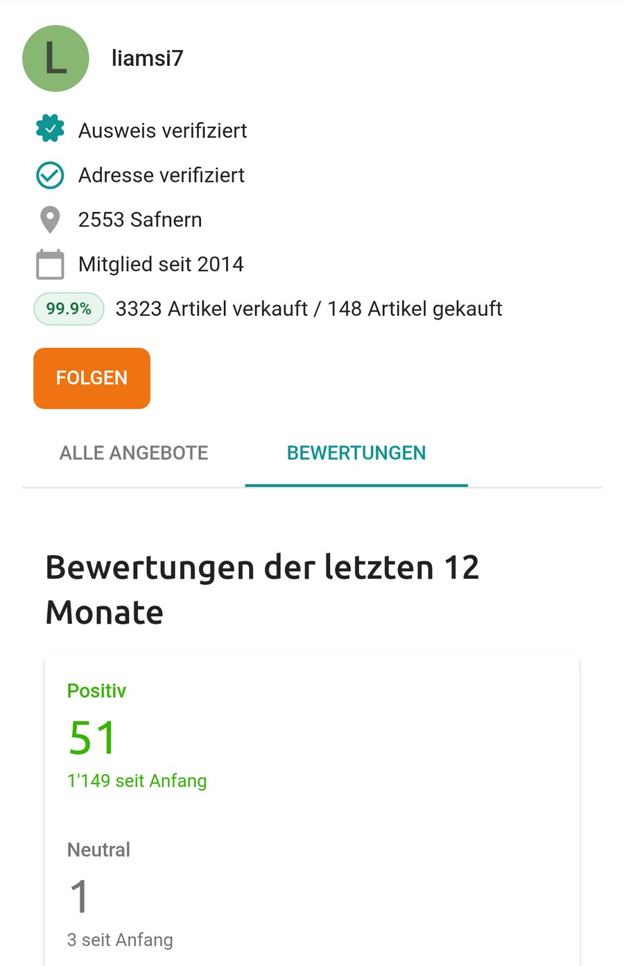 Screenshot des Ricardo-Profils mit Bewertungen der letzten 12 Monate